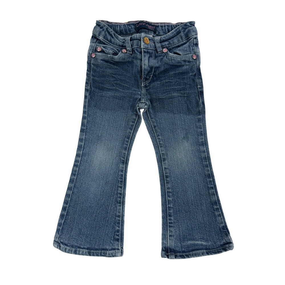 Levis Girls Flare Fit Jeans Blue Medium Wash Pink Glitter Rivets Size 2T K38